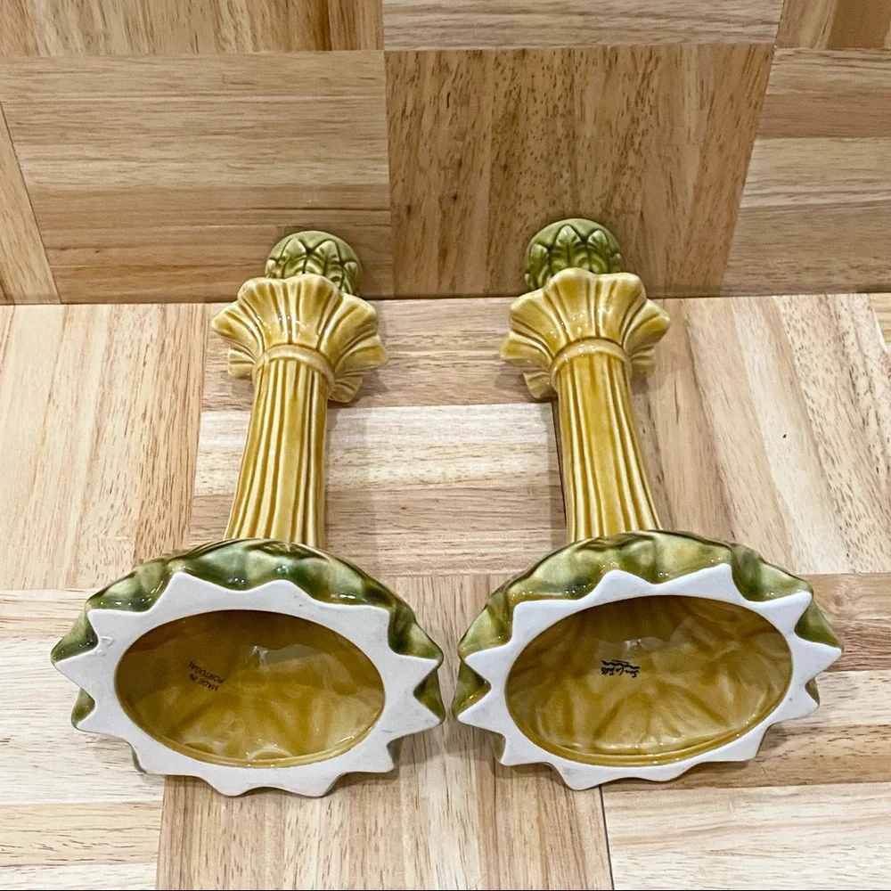 Pair of Sur La Table Portugal Ceramic Glazed Leaf Flower Candle Stick Holder